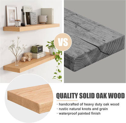 Floating Shelves for Wall, USA-Sourced Oak Wood 36 Inch Long Wall Shelves Set of 2, Natural Wooden