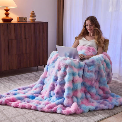 Lotus Karen Faux Fur Throw Blanket Tie-Dye Purple Rainbow - Big Bubble Rabbit Fluff Blanket for
