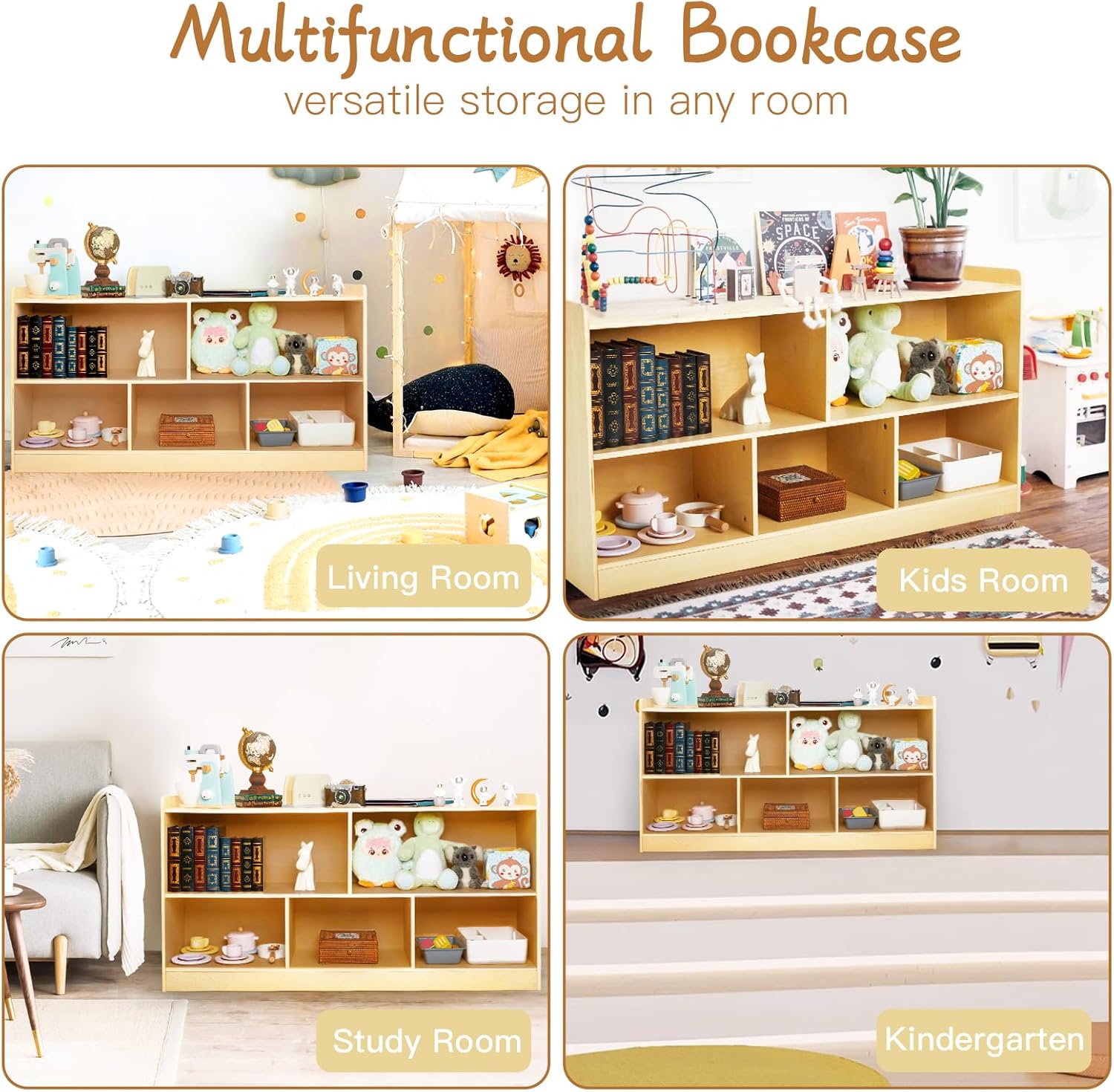 Montessori Shelf, Wooden Toy Storage Organizer for Books Toys, 2 Shelf Bookcase, 5-Section Storage