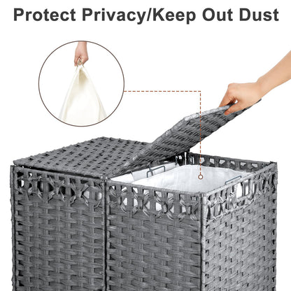 170L Foldable Laundry Hamper with Lid - Handwoven Rattan Storage Basket, 2-Section Clothes Hamper