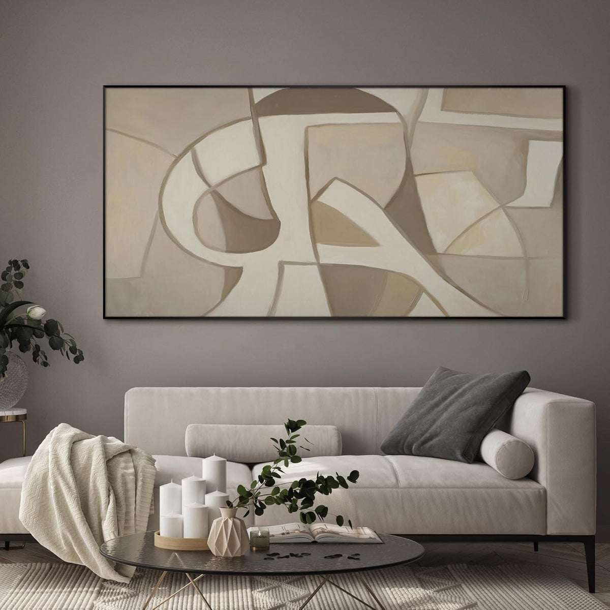 SIGNWIN 24"x46" Extra Large Framed Wall Art Neutral Abstract Geometric in Mid-Century Style