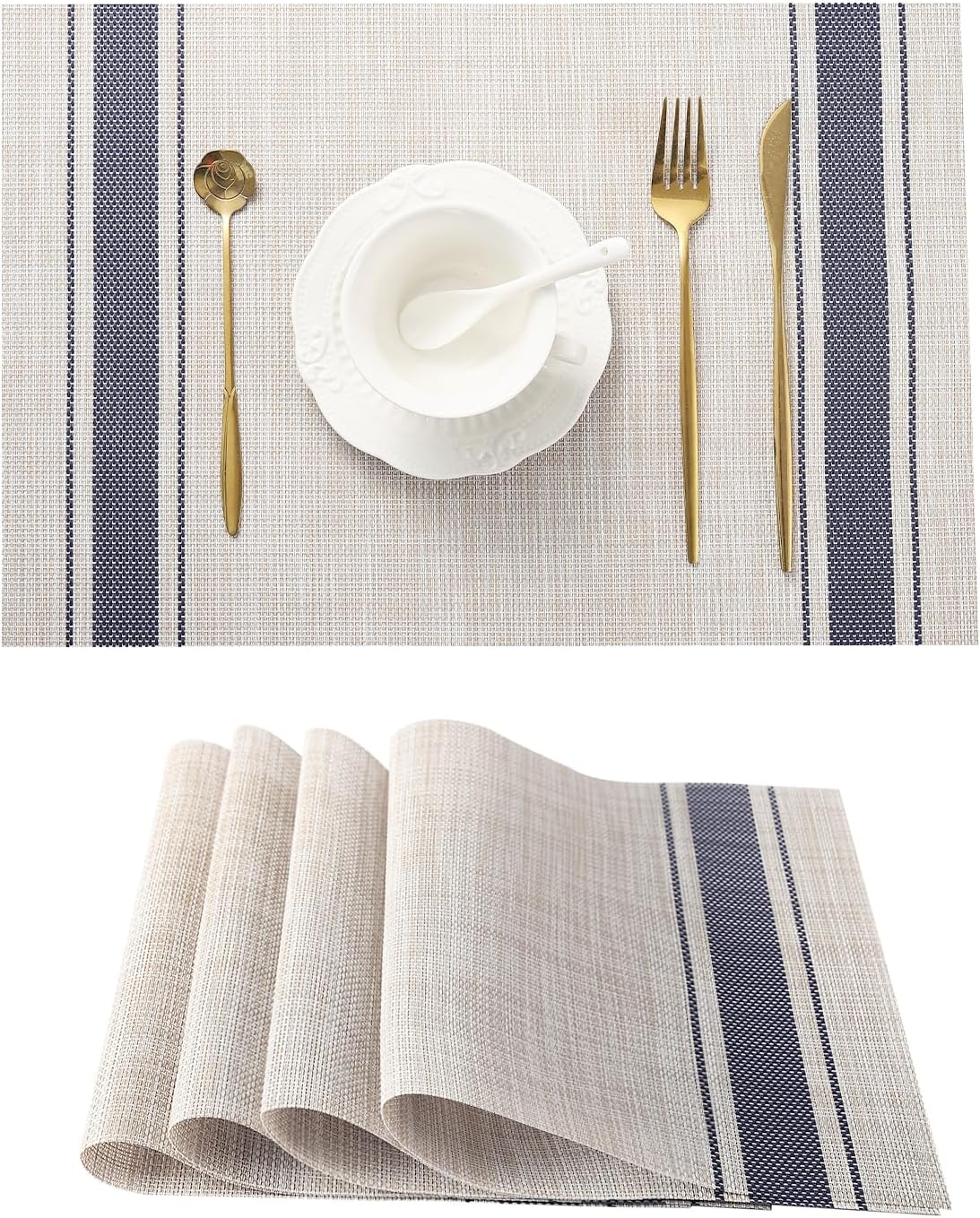 Leetaltree Khaki-Blue Placemats, Heat Resistant Non-Slip Place mats for Dining Table, Washable