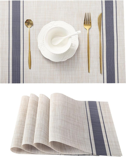 Leetaltree Khaki-Blue Placemats, Heat Resistant Non-Slip Place mats for Dining Table, Washable