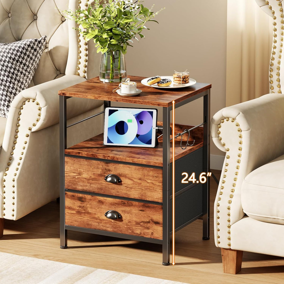 Furologee Night Stand with Charging Station, Bedside Table with Fabric Drawers, End Table with USB