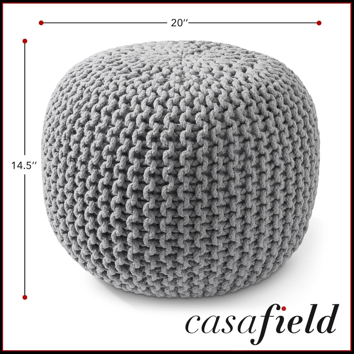 Casafield Round Pouf Ottoman, Light Gray - 20" Diameter x 14.5" High Cotton Knit Foot Stool - Boho