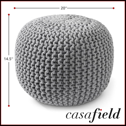 Casafield Round Pouf Ottoman, Light Gray - 20" Diameter x 14.5" High Cotton Knit Foot Stool - Boho