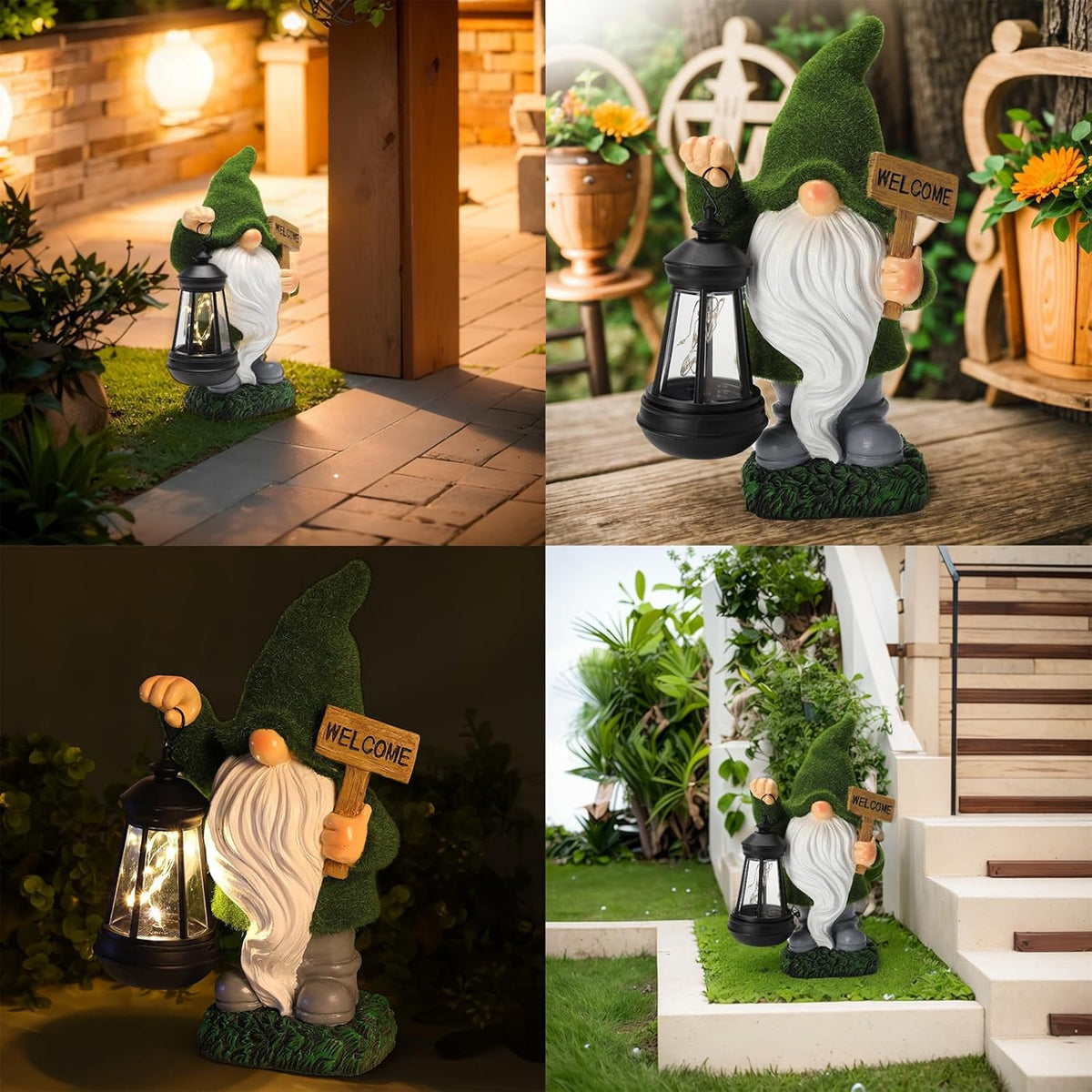 Garden Gnome Statue Solar Light Outdoor Decorations Figurine Welcome Sign with Lantern Sculpture