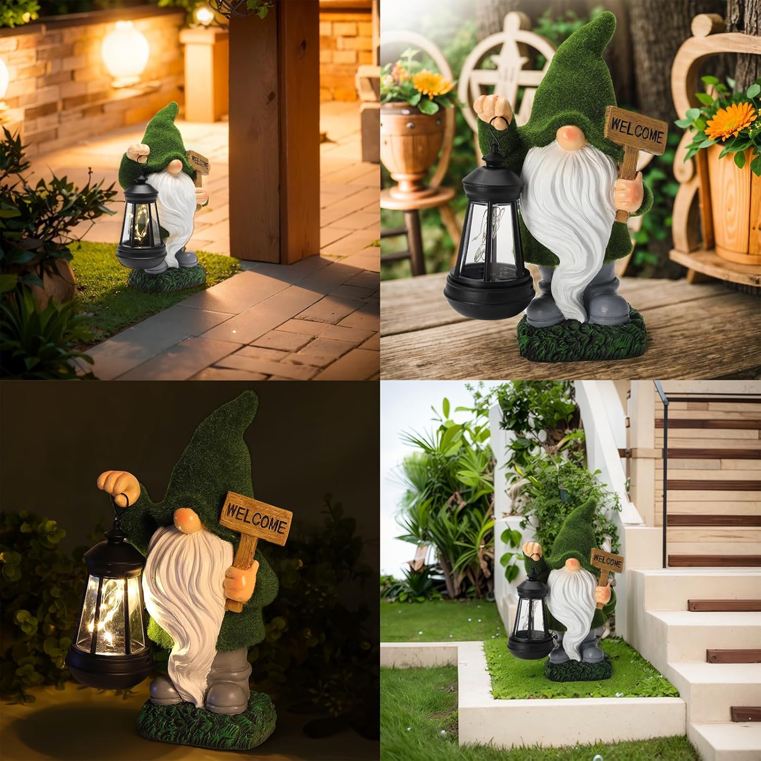 Garden Gnome Statue Solar Light Outdoor Decorations Figurine Welcome Sign with Lantern Sculpture