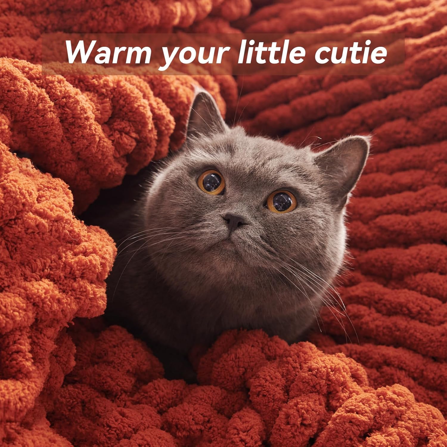 Chunky Knit Throw Blanket, 60''*80'' Knitted Throw Chenille Yarn for Bed Couch, Handmade Orange