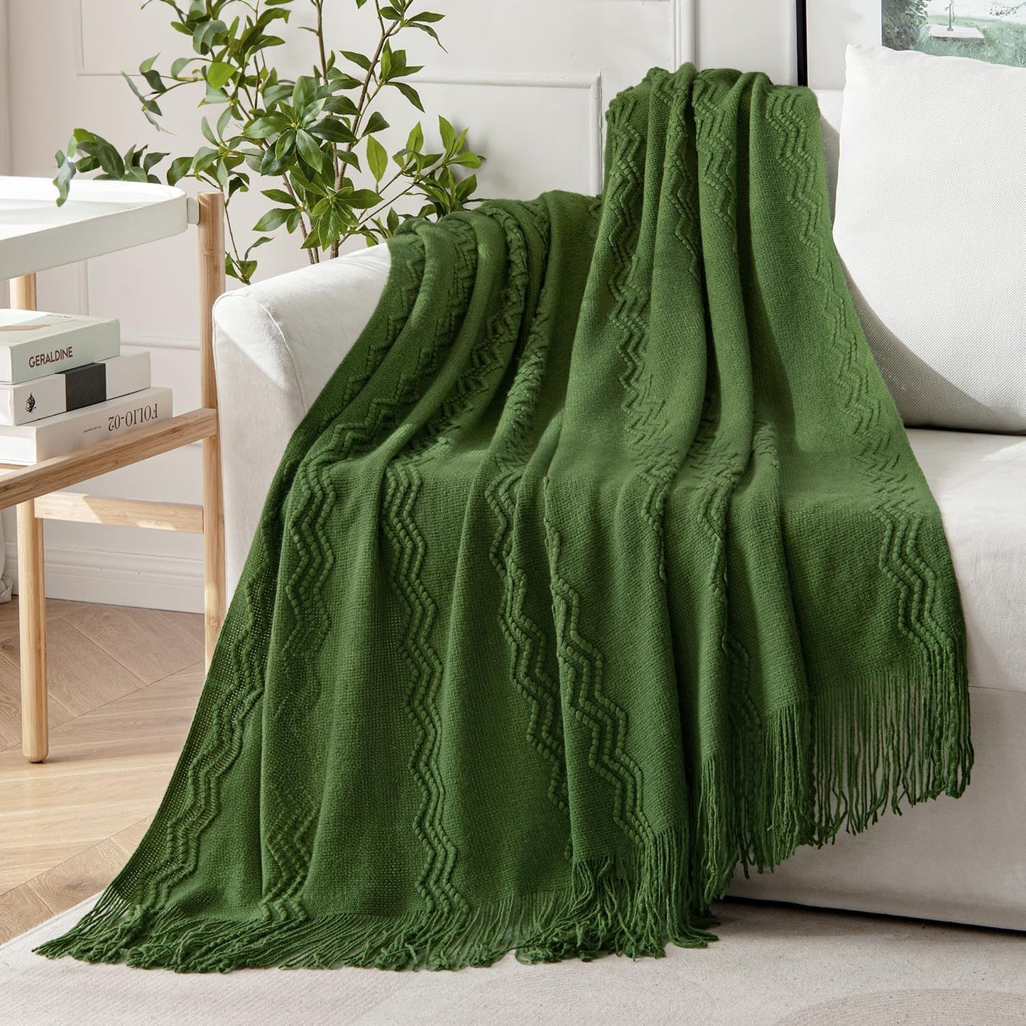 MIULEE Olive Green Knitted Throw Blanket for Couch Boho Textured Cozy Woven Blanket with Tassels