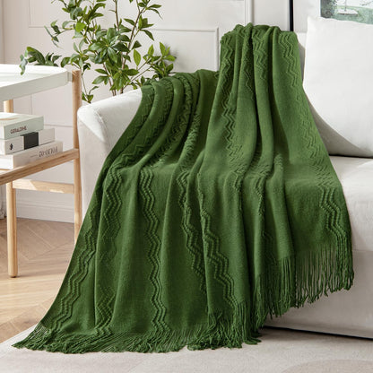 MIULEE Olive Green Knitted Throw Blanket for Couch Boho Textured Cozy Woven Blanket with Tassels