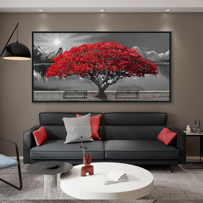 Framed Black and White Red Tree Wall Art Canvas Print Picture Large Red Tree Landscape Modern