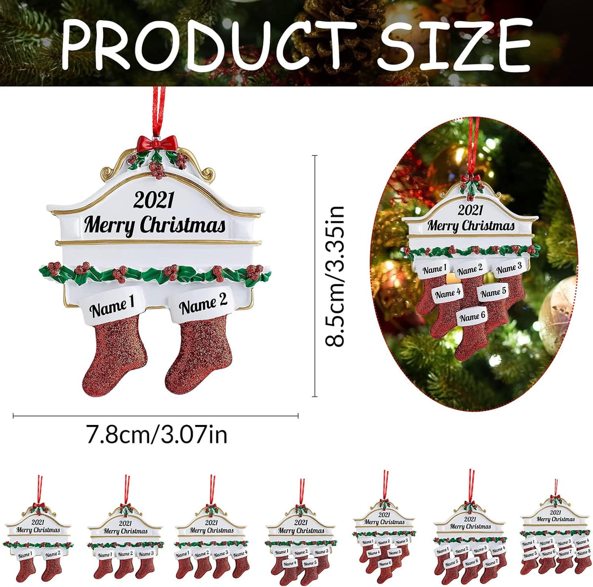 Amlion Personalized Ceramic Christmas Stocking Ornaments, Family of 2-8, Custom Names, Traditional