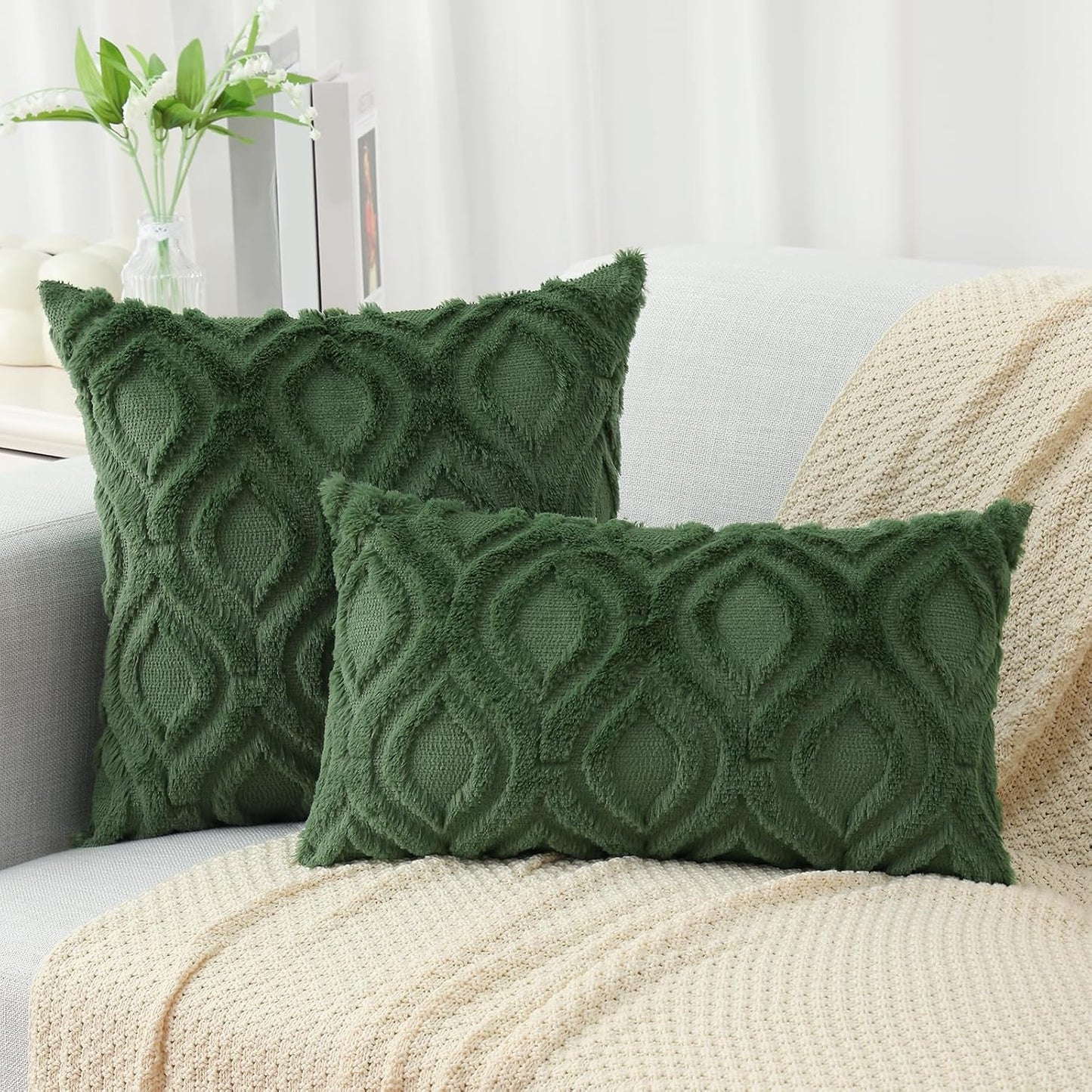 decorUhome Throw Pillow Covers 24x24 Inch Set of 2, Soft Plush Decorative Faux Fur Forest Elf Solid