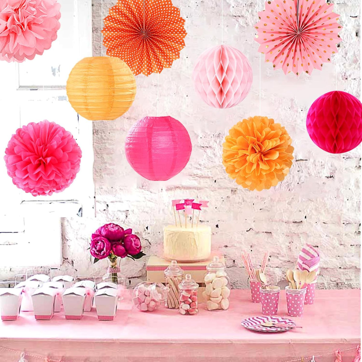 Hot-Pink Burnt-Orange Party-Decorations Streamers Lanterns - 14pcs Fall Birthday Baby Shower Paper