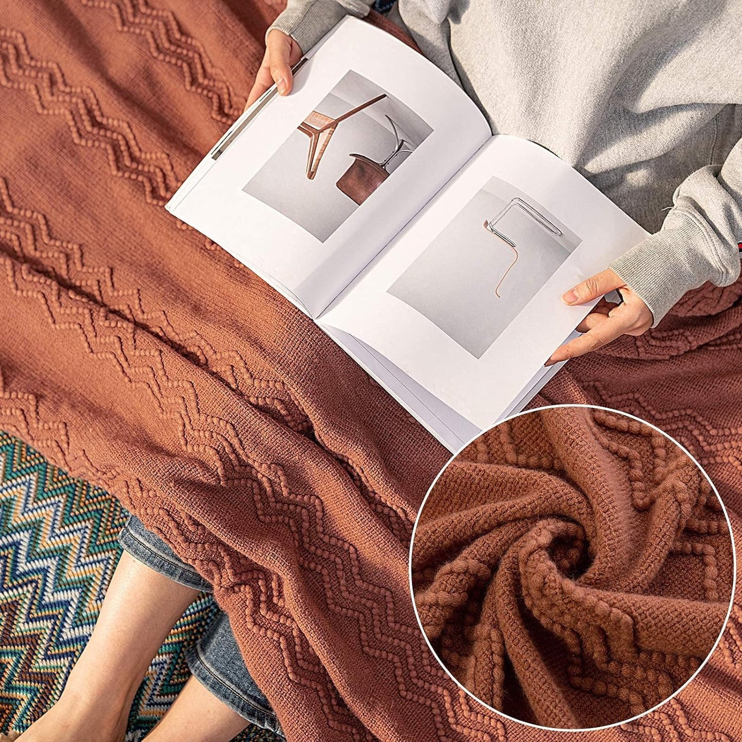 MIULEE Fall Orange Knitted Throw Blanket for Couch Boho Terracotta Rust Textured Cozy Woven Blanket