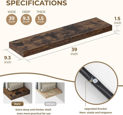 Dreamland 40 Inches Floating Shelves for Wall, 9.3" Deep Long Floating Shelves Set of 2, Large