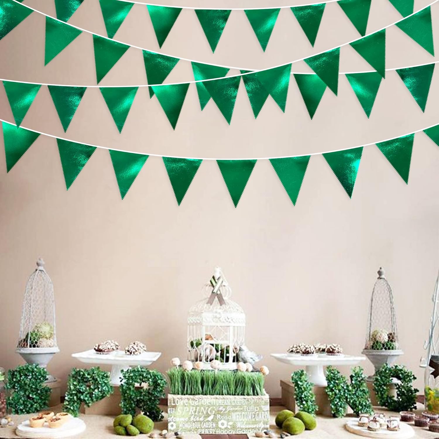 Green Party Decorations Triangle Pennant Banner Flag Dark Green Metallic Fabric Bunting Garland for