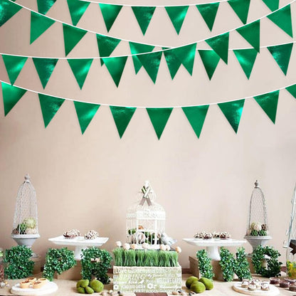 Green Party Decorations Triangle Pennant Banner Flag Dark Green Metallic Fabric Bunting Garland for