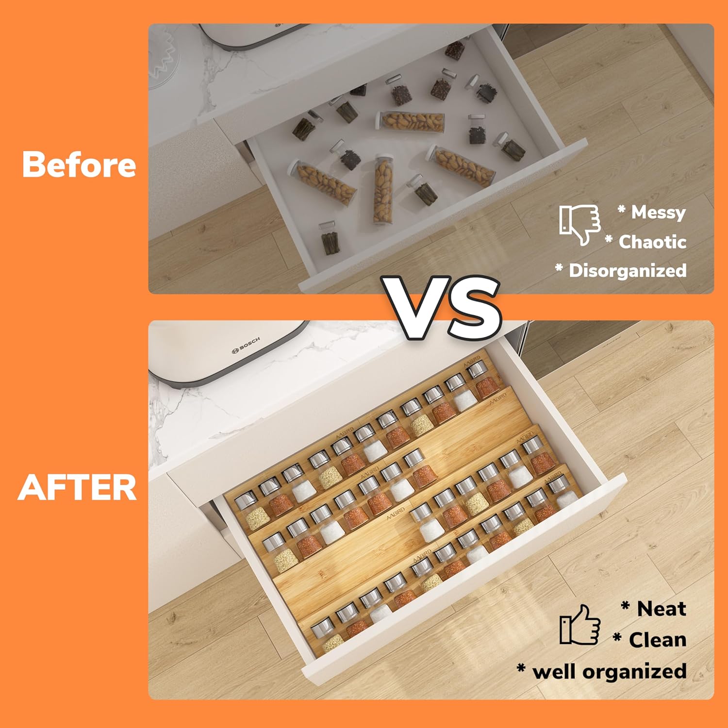 AMBIRD Bamboo Spice Drawer Organizer with Non-slip Mat,4 Tier - 2 Set Jar Spice Rack Tray From