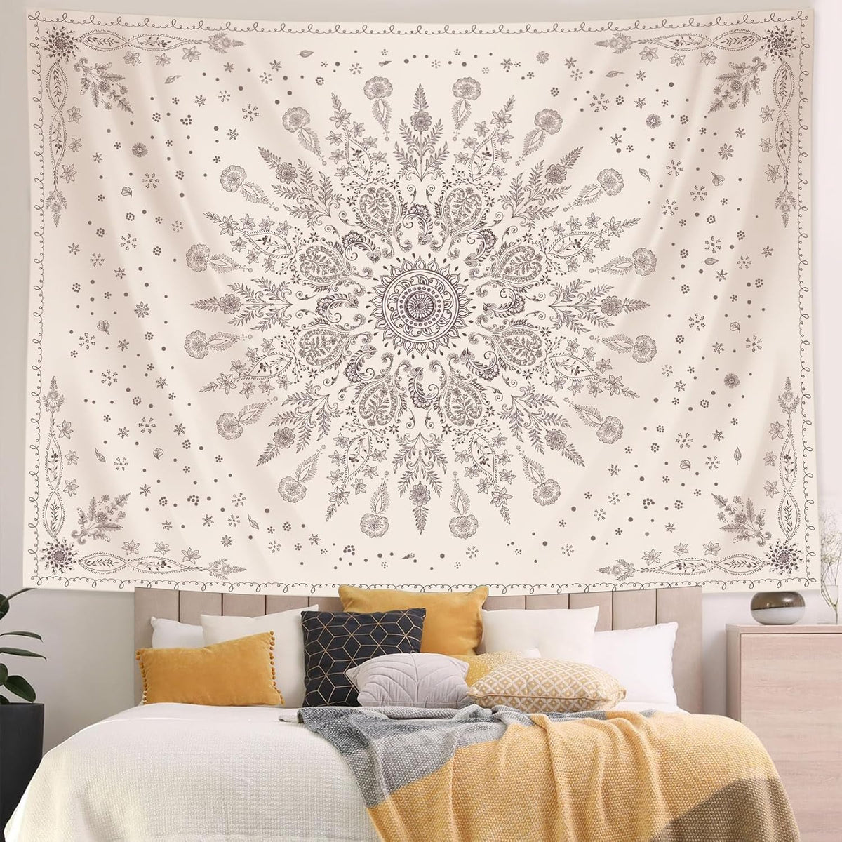 Lunerfex Boho Floral Tapestry Mandala Wall Tapestry, Cute Tapestries for Bedroom Beige Flower