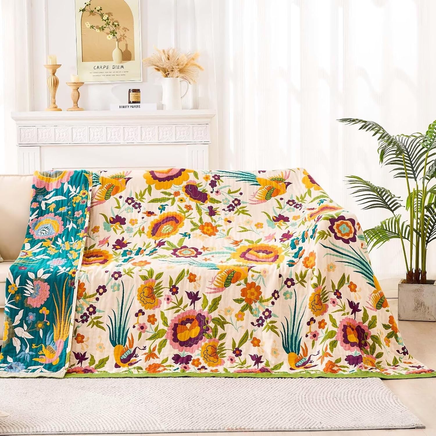 Boho Throw Blanket for Bed, 100% Cotton Soft Rustic Quilt Fall Blanket, 90"x98" Floral Printed