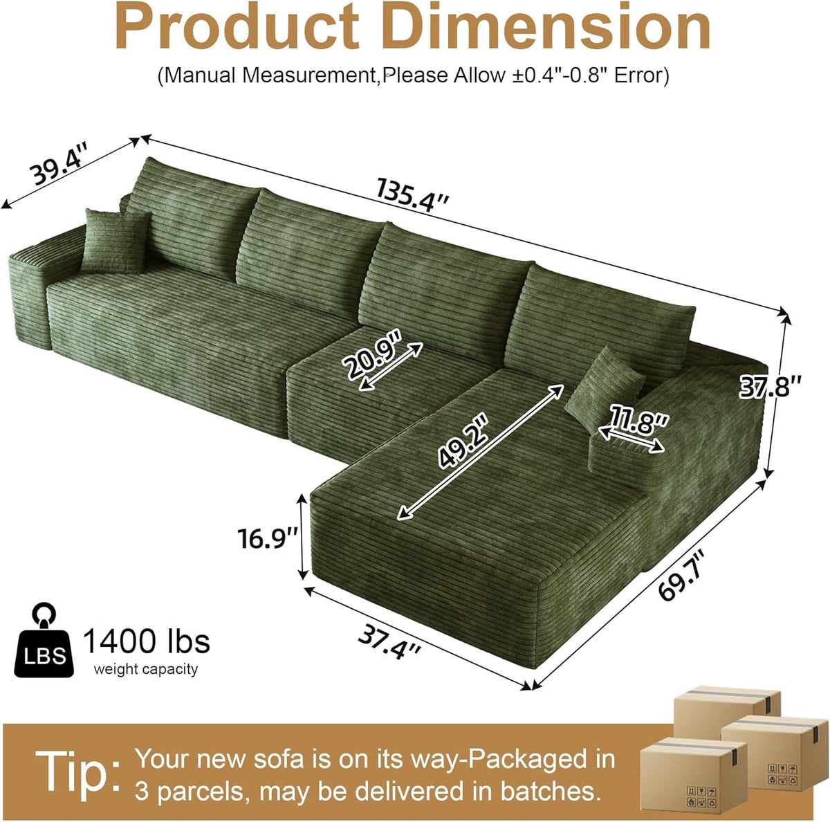 136" Sectional Couches for Living Room Modern Modular Sofa with L-Shape Couchs Upholstered Boneless
