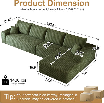 136" Sectional Couches for Living Room Modern Modular Sofa with L-Shape Couchs Upholstered Boneless