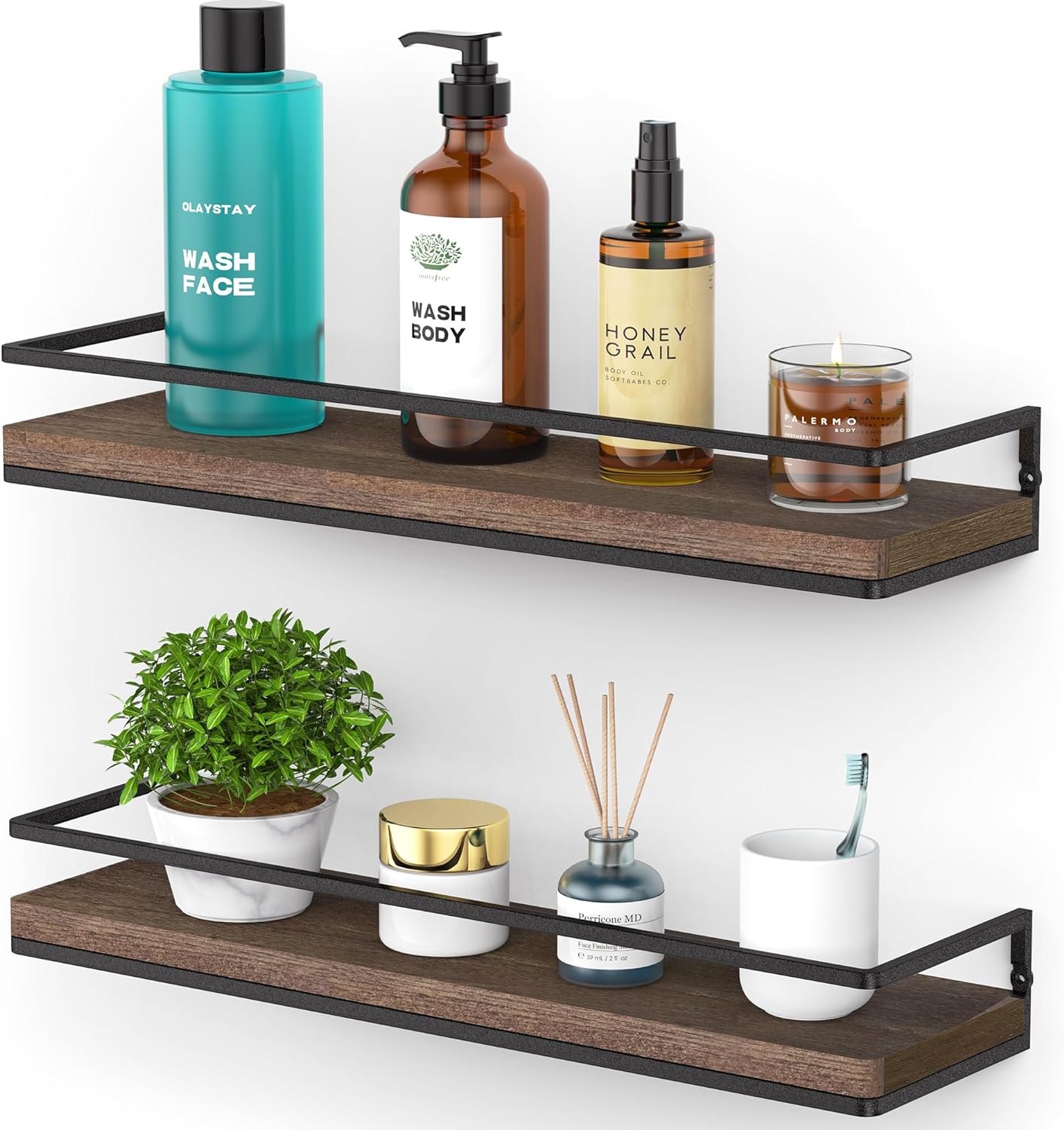 Meangood Floating Shelves Wall Mounted Set of 2, Rustic Wood Wall Storage Shelves for