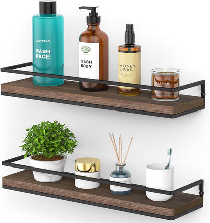 Meangood Floating Shelves Wall Mounted Set of 2, Rustic Wood Wall Storage Shelves for