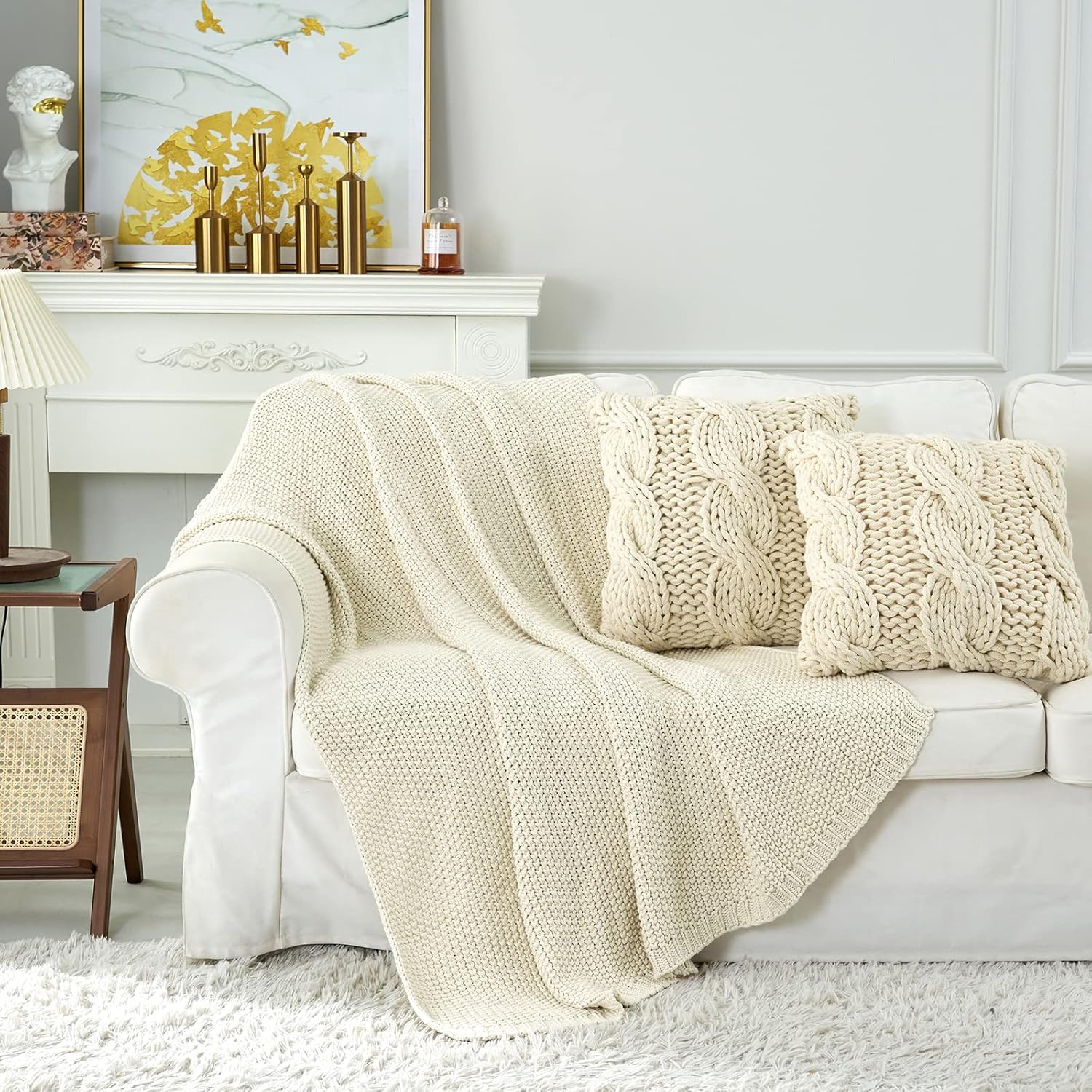 Longhui bedding Chunky Cable Knit Throw Blanket Lightweight Cream 100% Organic Cotton Blanket for