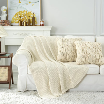 Longhui bedding Chunky Cable Knit Throw Blanket Lightweight Cream 100% Organic Cotton Blanket for