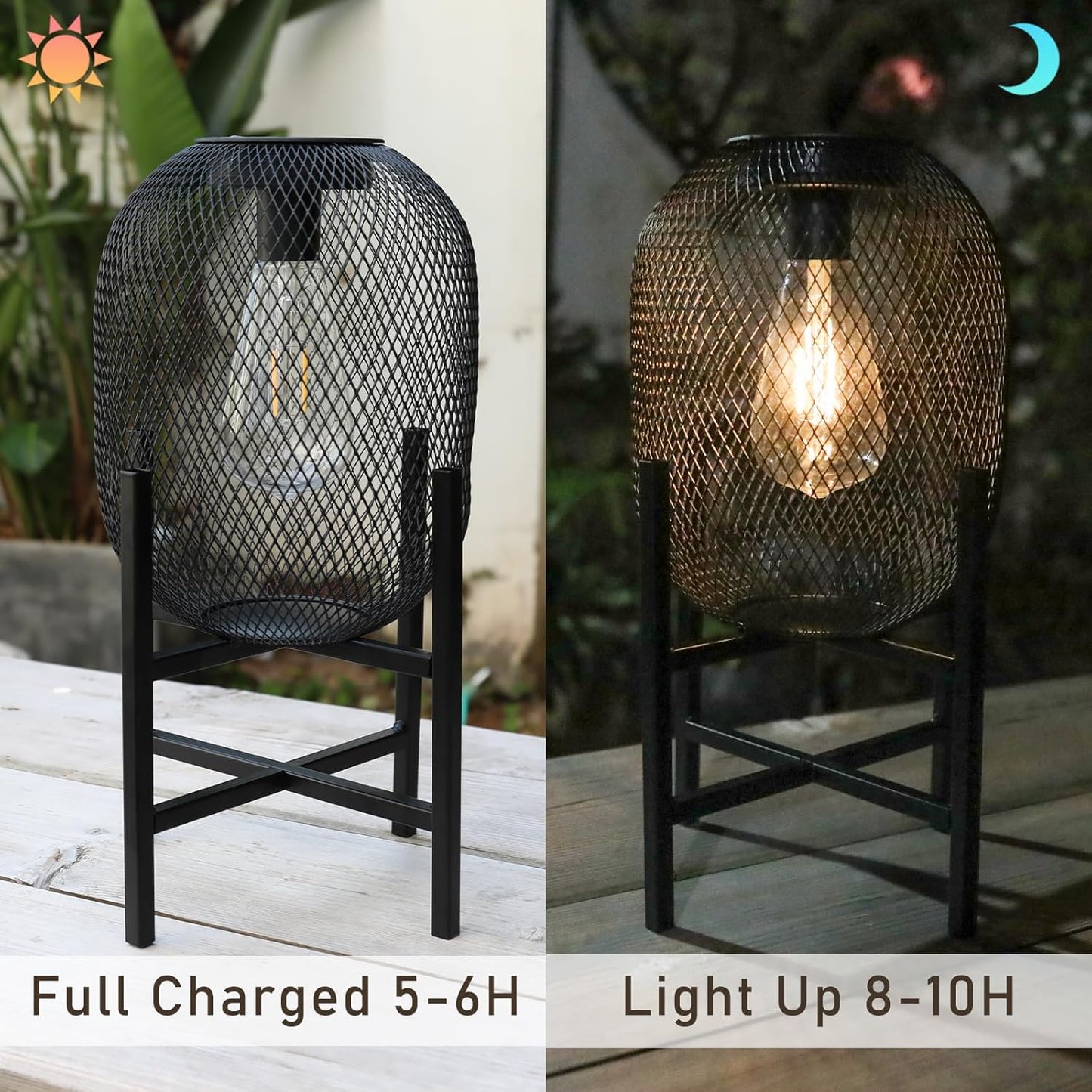 Solar Mesh Lantern Outdoor – 13.8" Tall Black Metal Patio Light with Edison Glass Bulb, Solar