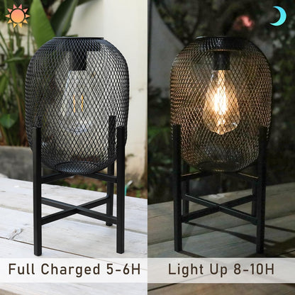 Solar Mesh Lantern Outdoor – 13.8" Tall Black Metal Patio Light with Edison Glass Bulb, Solar