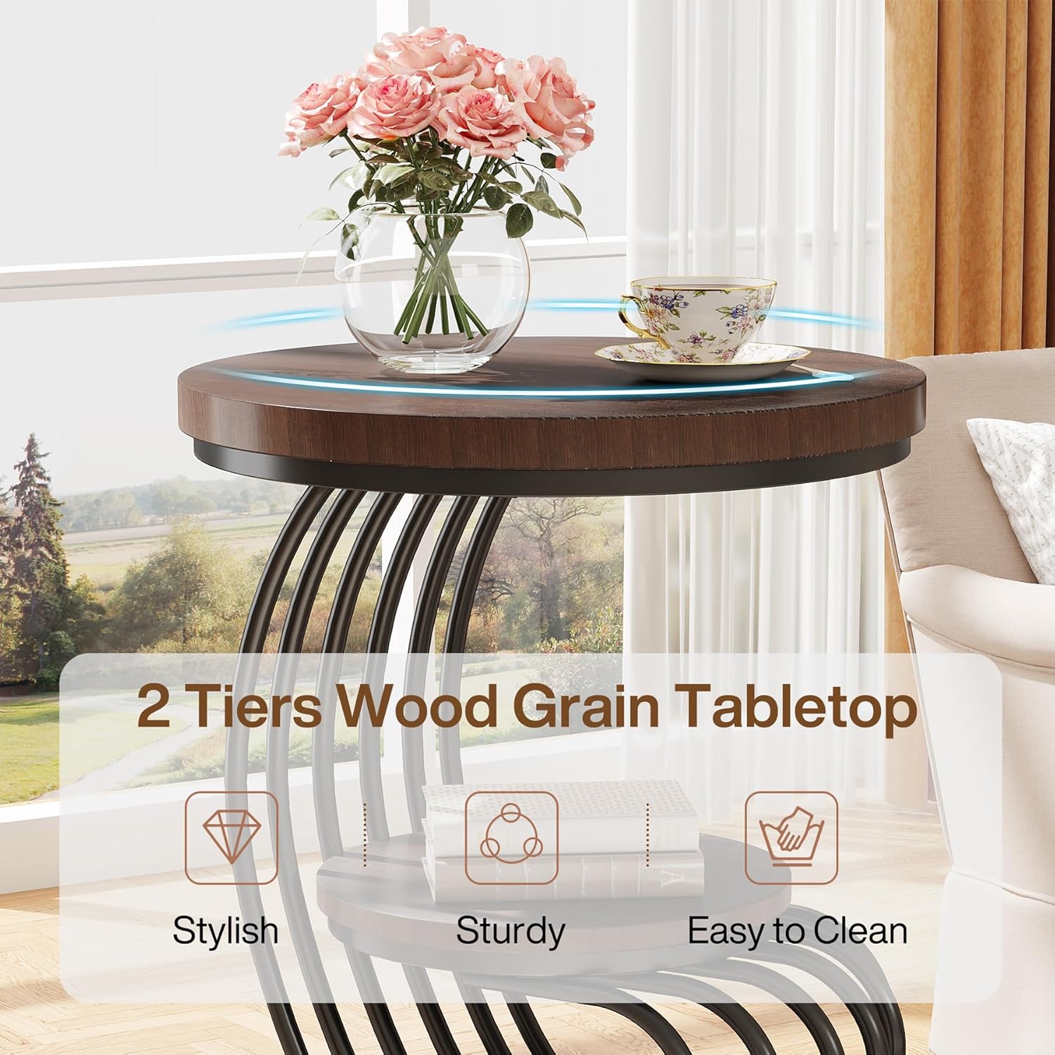 Tribesigns Round End Side Table: 2 Tiers Side Table Set of 2, Vintage End Table for Living Room
