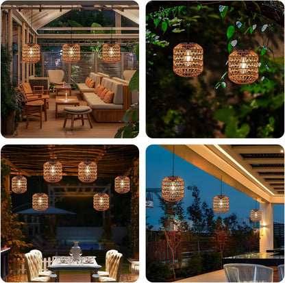 Livinlarge Solar Pendant Light Outdoor,Chandelier Hanging Lantern with Edison Bulb,Boho Solar