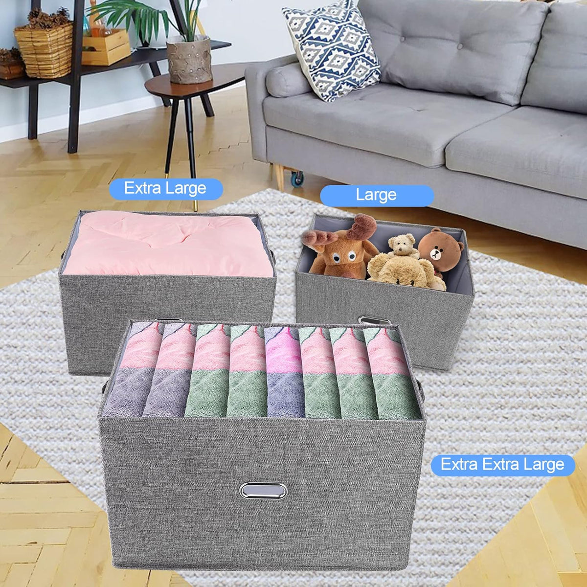 Large Linen Fabric Foldable Storage Bins with Removable Lid and Handles, Washable Storage Box