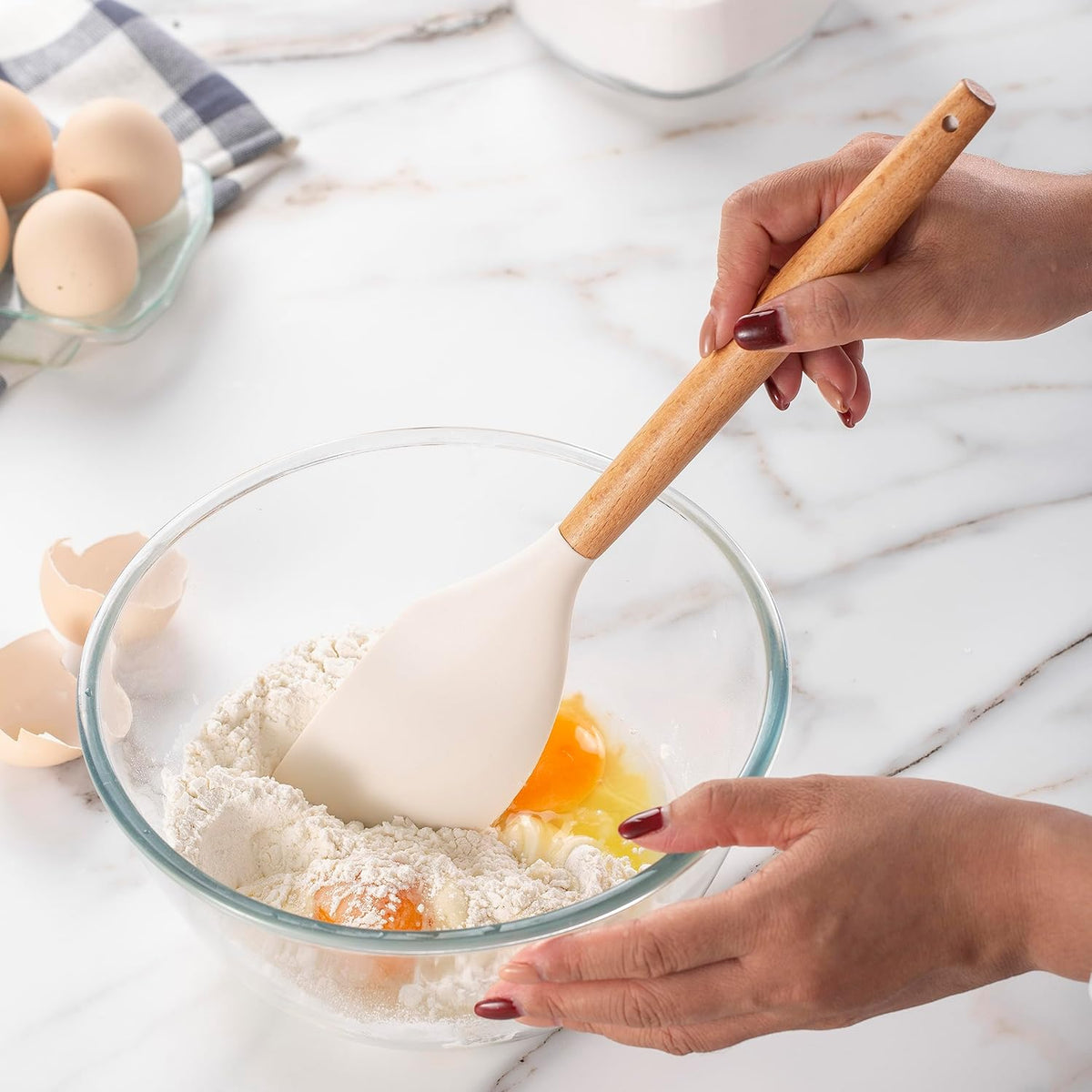 Country Kitchen Non Stick Silicone Utensil Set with Rounded Wood Handles for Cooking and Baking, 14