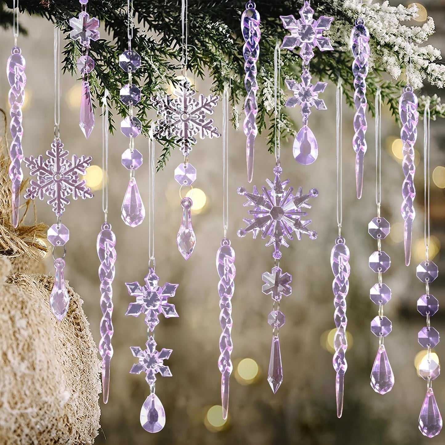 32pcs Crystal Christmas Ornaments for Christmas Tree Decorations-Purple Hanging Acrylic Snowflake