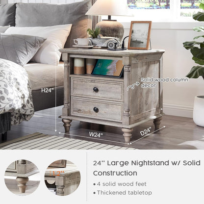 T4TREAM 24'' Farmhouse End Table w/4 Solid Wood Feet, Large 2 Drawers Wide Sofa Side Table with