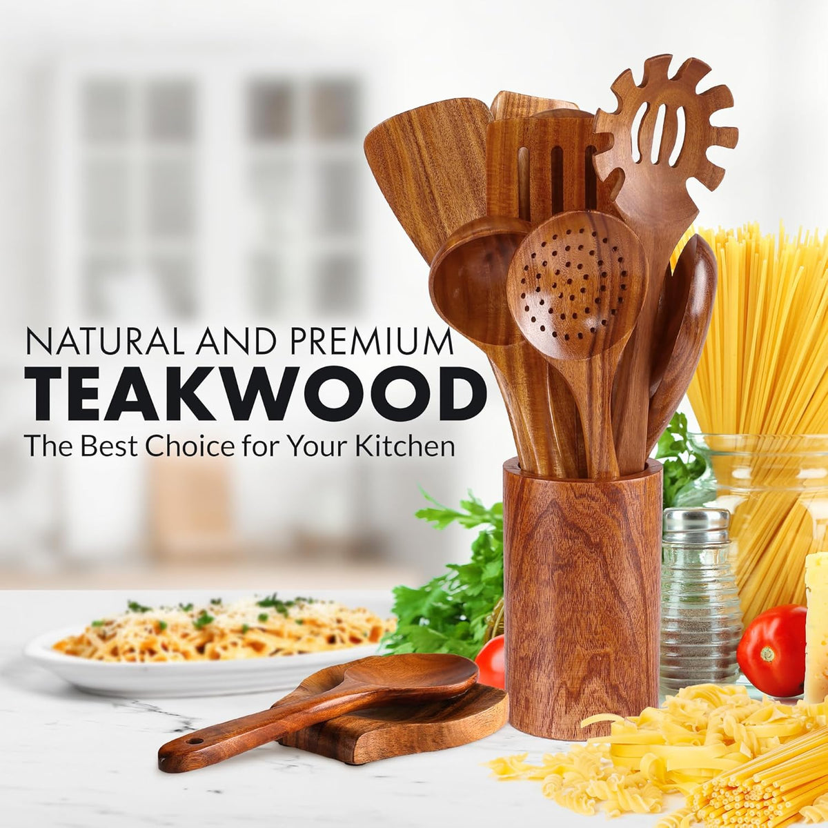 Zulay Kitchen 12-Piece Teak Wooden Utensils for Cooking - Natural Teak Utensil Set with Premium
