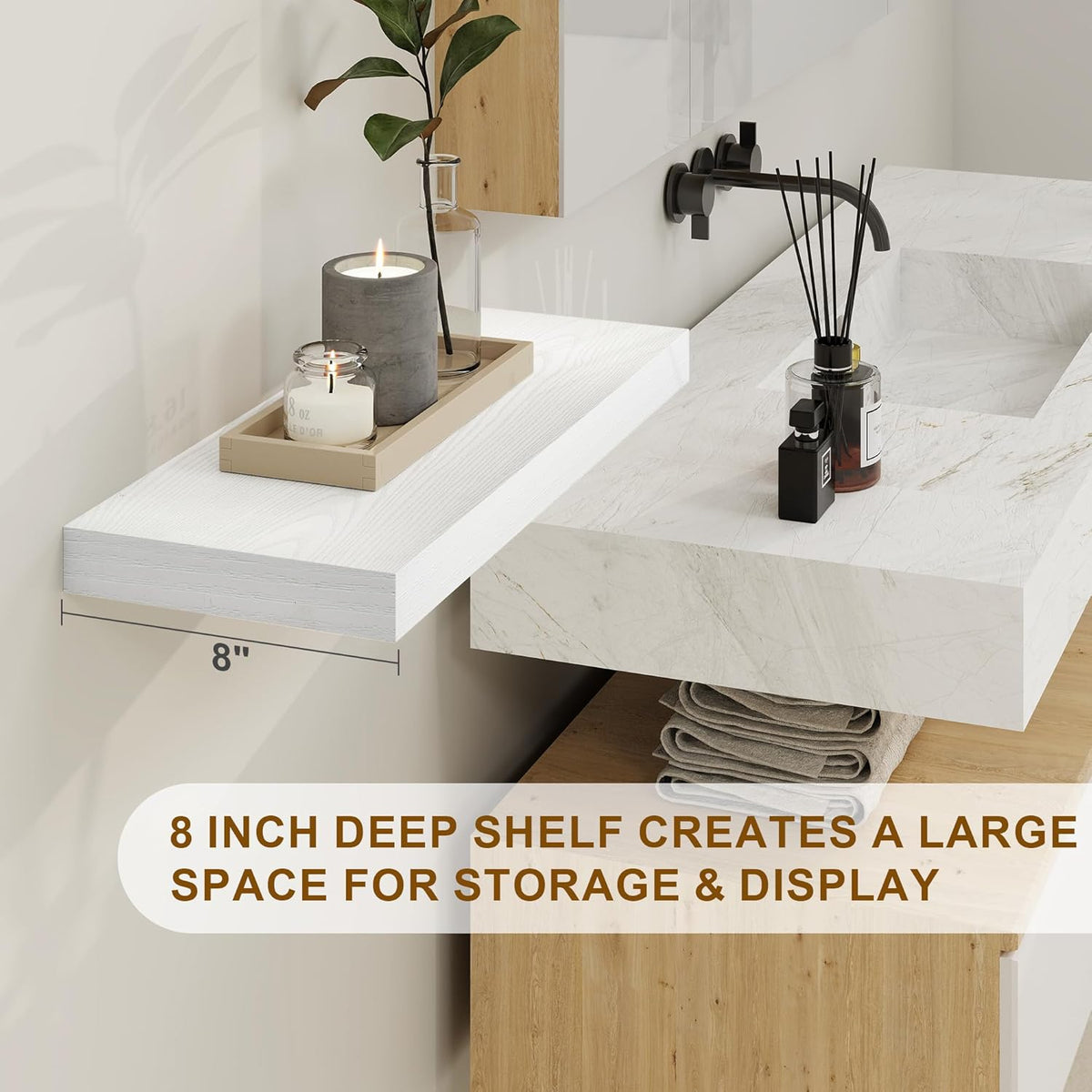 Fun Memories White Floating Shelves, 8 Inch Deep Wall Shelves Set of 2, Rustic Deep Shelves for