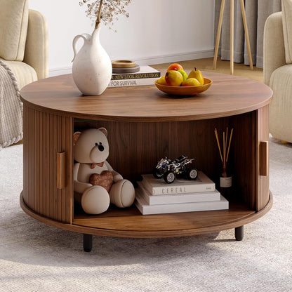 Round Coffee Table with Storage, 31.5" Modern Coffee Table with 360° Curved Sliding Door, Fluted