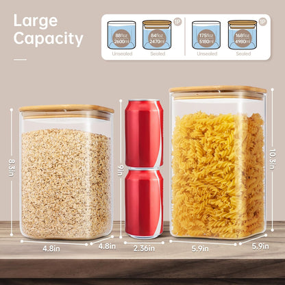 Extra Large Square Glass Flour & Sugar Storage Containers with Airtight Lids, 168 floz & 84 floz