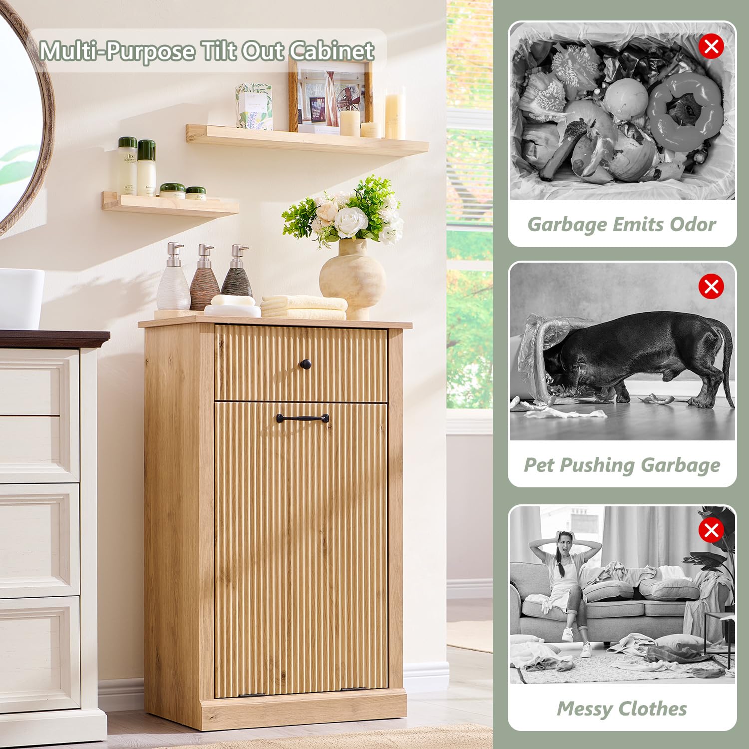 Modern Tilt-Out Trash Can Cabinet, 10 Gallon Fluted Laundry Hamper Cabinet with Drawers, Wooden