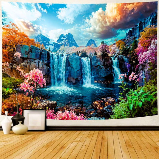 Delur Waterfall Tapestry Tropical Forest Mountain Sunset Tree Wall Hanging Tapestry Scenic