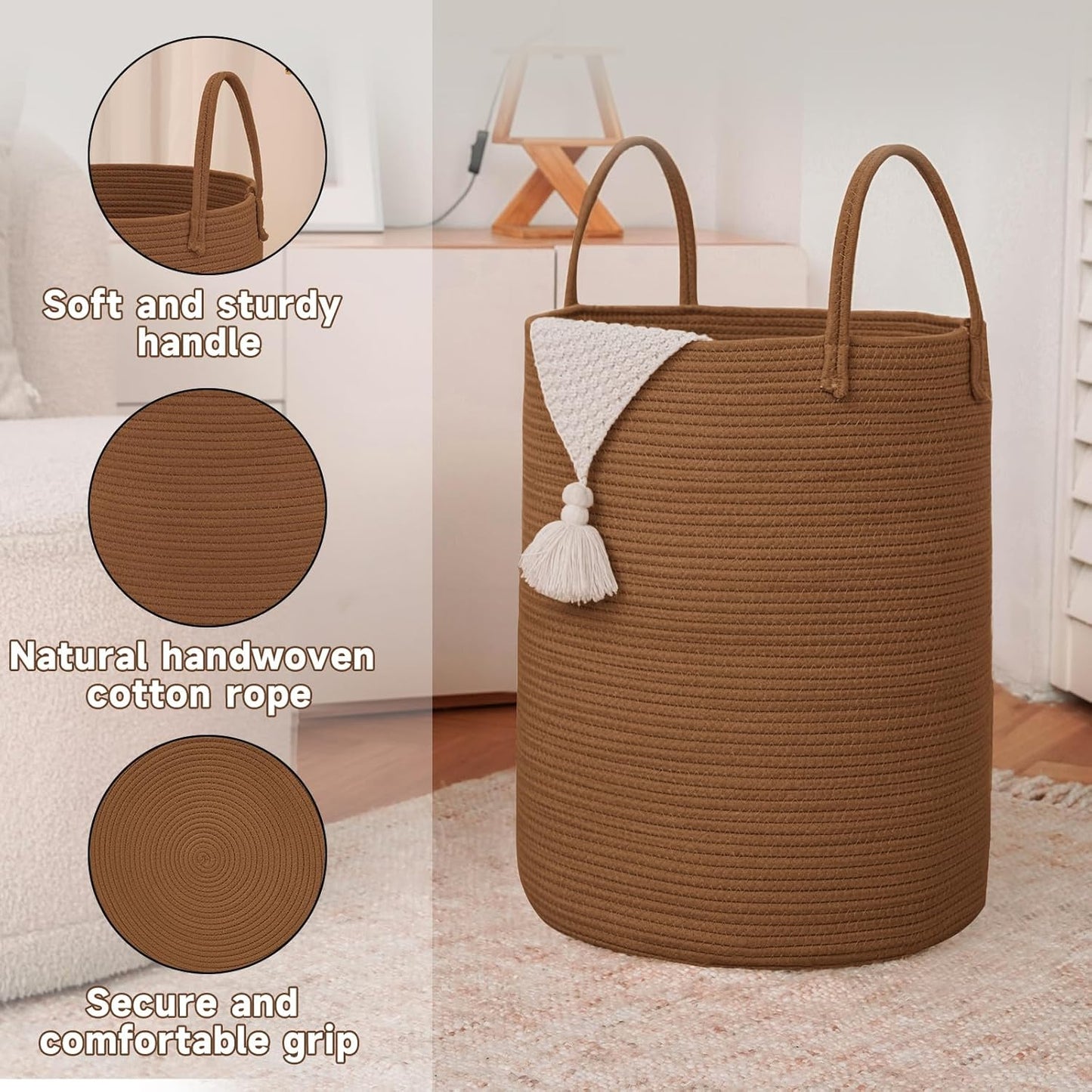 Large Woven Laundry Basket Hamper,100L Cotton Rope Storage Bin for Blankets,Toys and