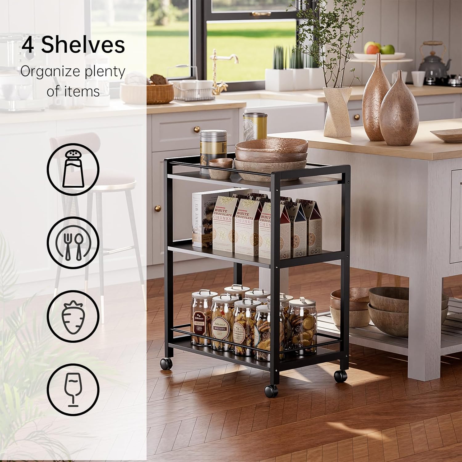 HITNET Bar Cart Black, Serving Cart for Home, 3 Tier Drinks Cart with Wheels, Rolling Beverage Cart