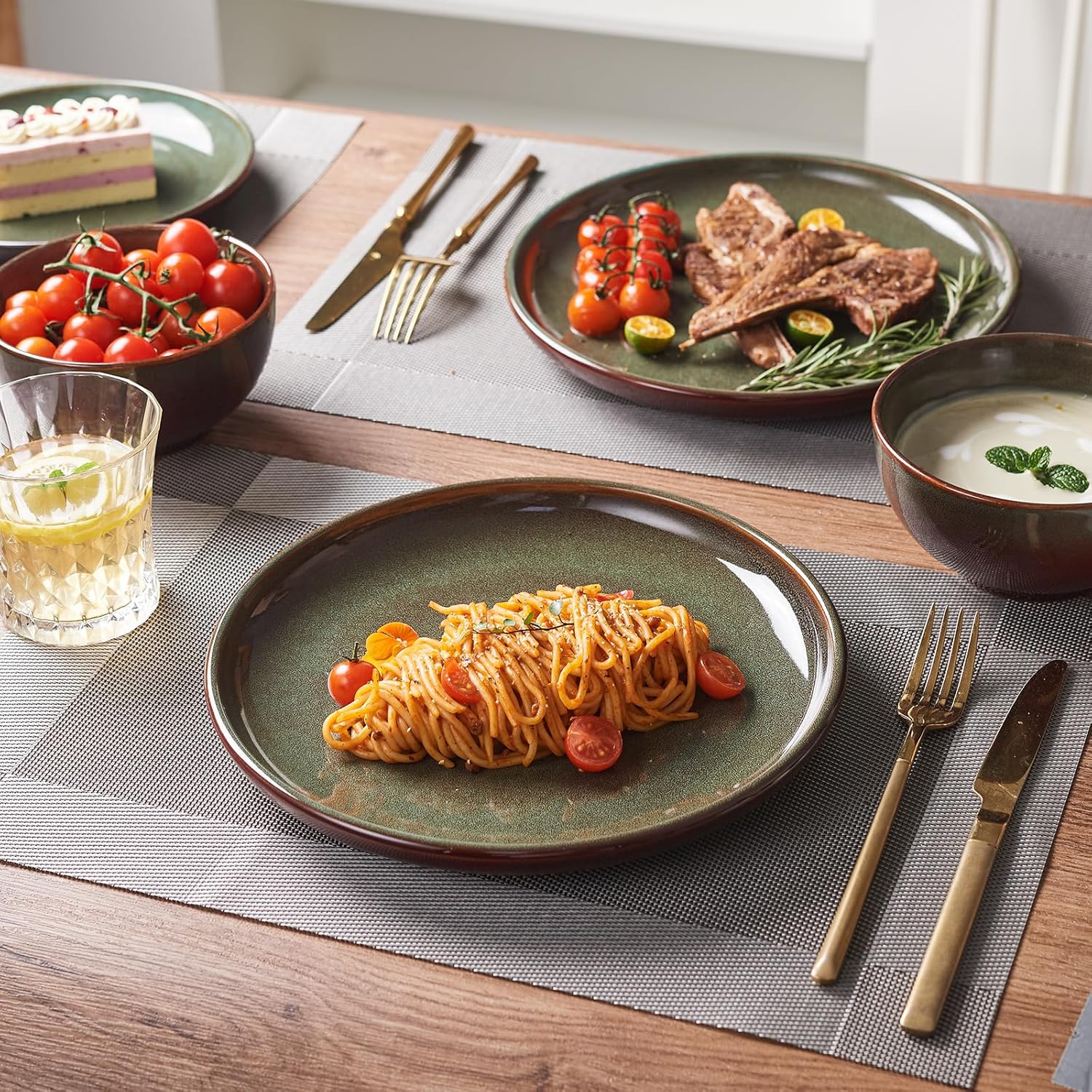 Stoneware Dinnerware Sets Service for 4, 12 pcs Reactive Glaze Plates and Bowls Sets, Handmade