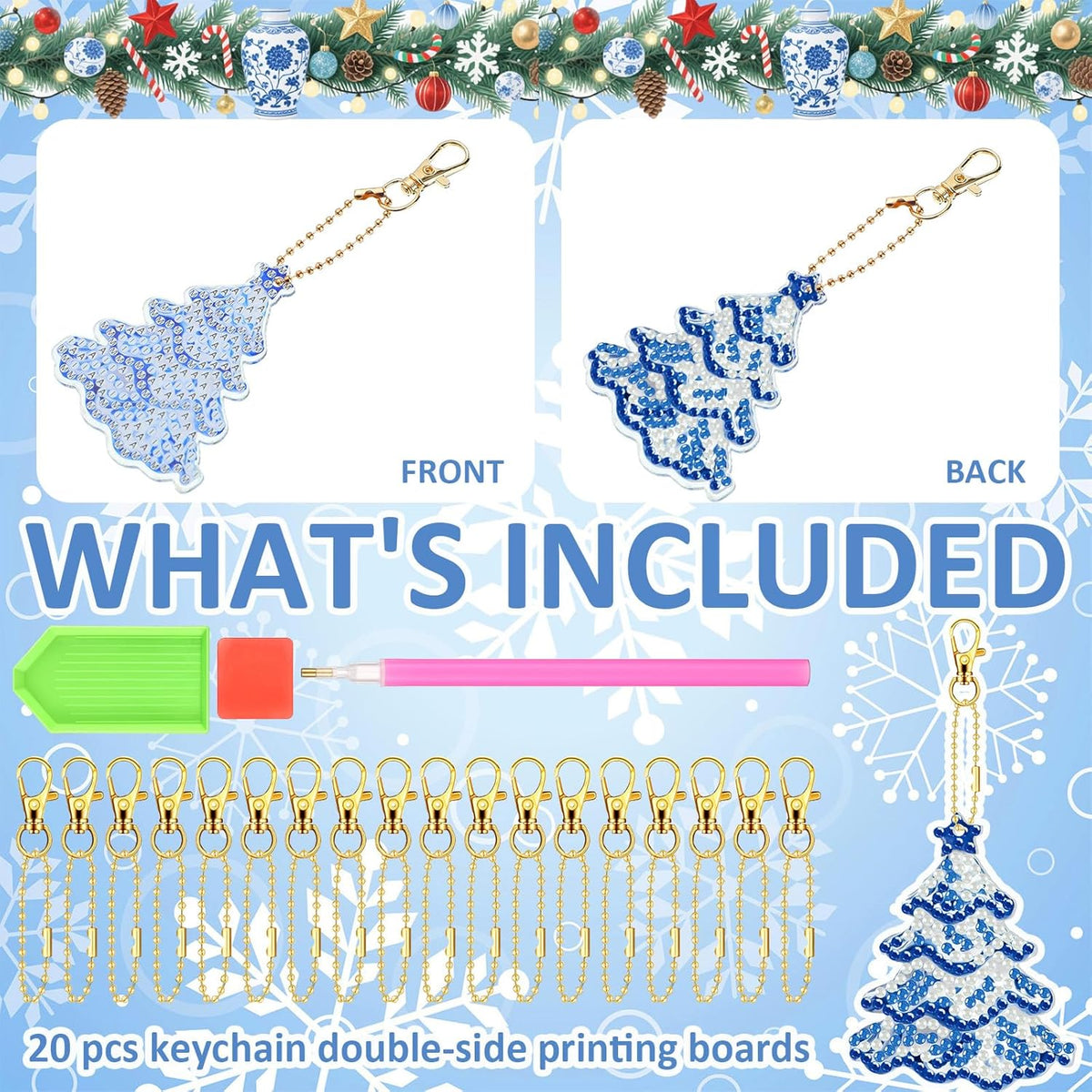 Tondiamo 20 Pcs Christmas Diamond Painting Keychain Kits 5D DIY Diamond Art Pendants Double Sided